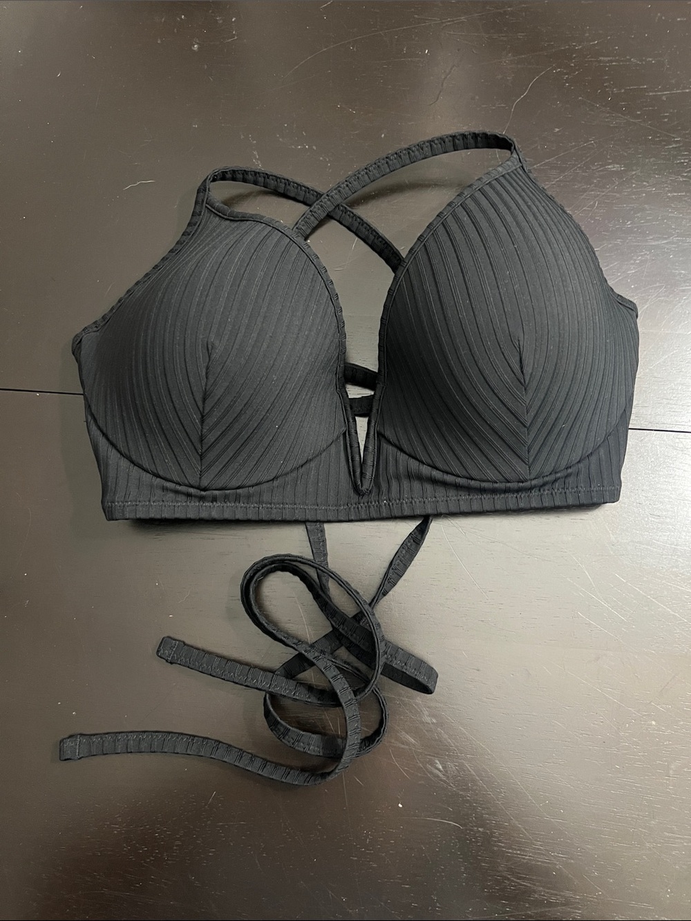 Shade & Shore 36C Black Ribbed Strappy Plunge Bralette
